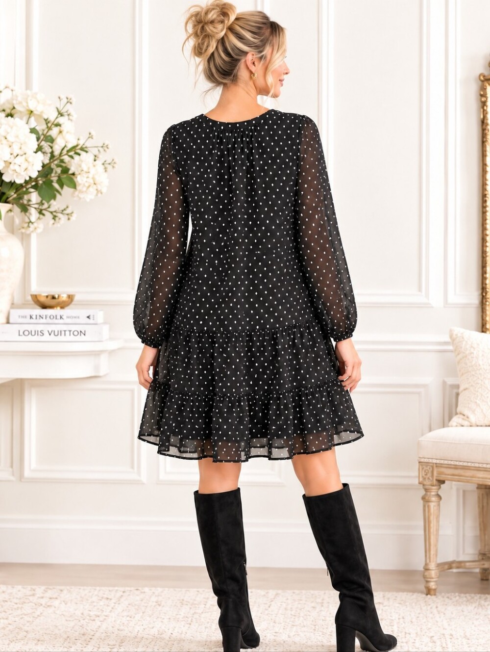 LOFT Black Swiss Dot Tiered Dress | Sheer Sleeve | Romantic Mini | Size Small - Picture 3 of 9